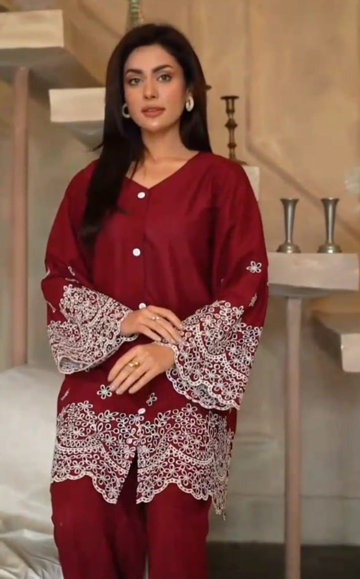MAROON EMB CO-ORD SET STITCHED FOR GIRLS