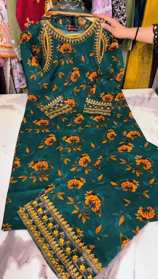 DIGITAL PRINT 3PC EMBRIODED SUIT STITCHED FOR GIRLS